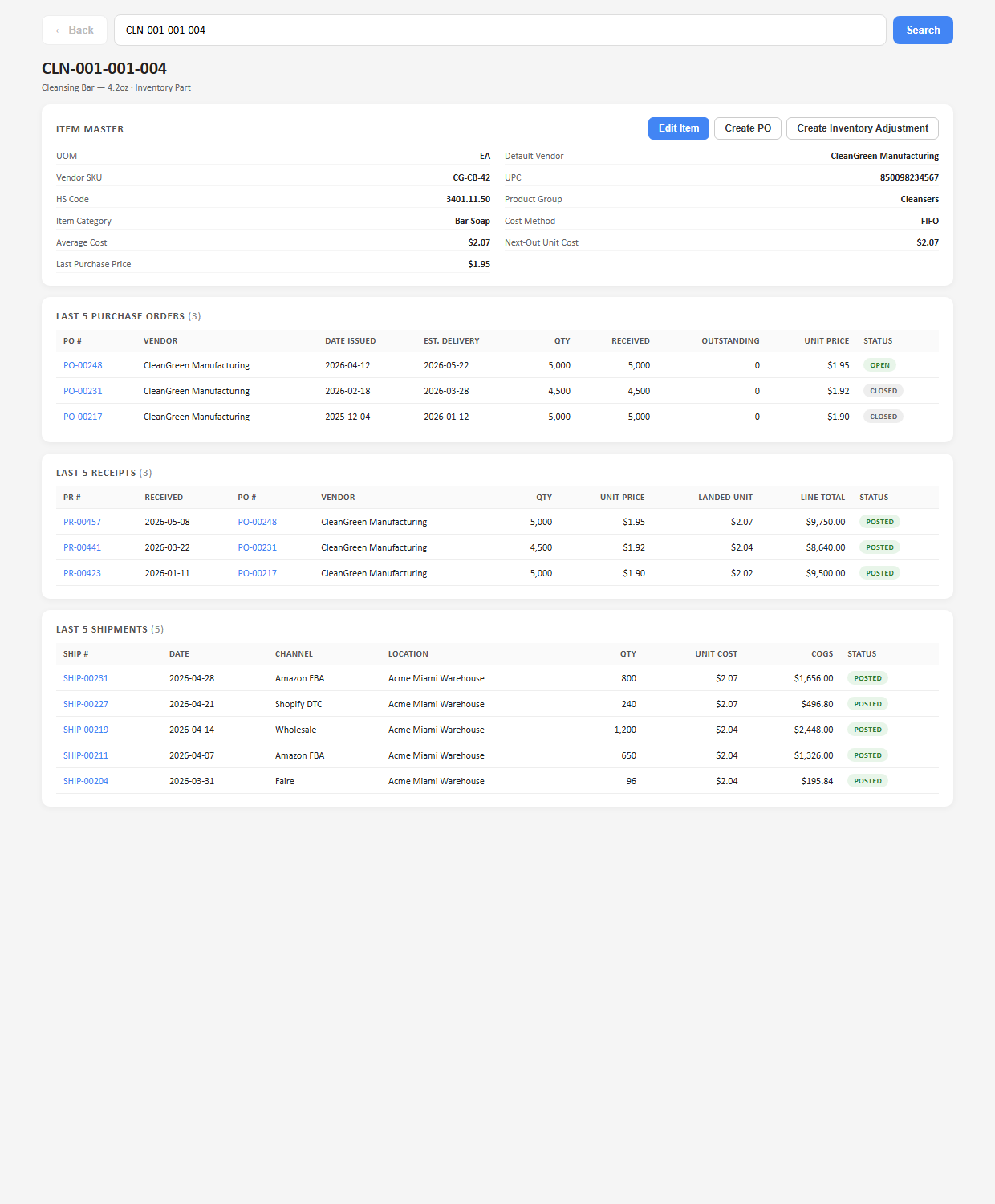 Item lookup with cost detail